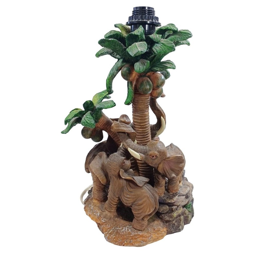Vtg Tropical Elephants Mother Baby Babies  Safari Jungle Palm Trees Table Lamp - Picture 4 of 9